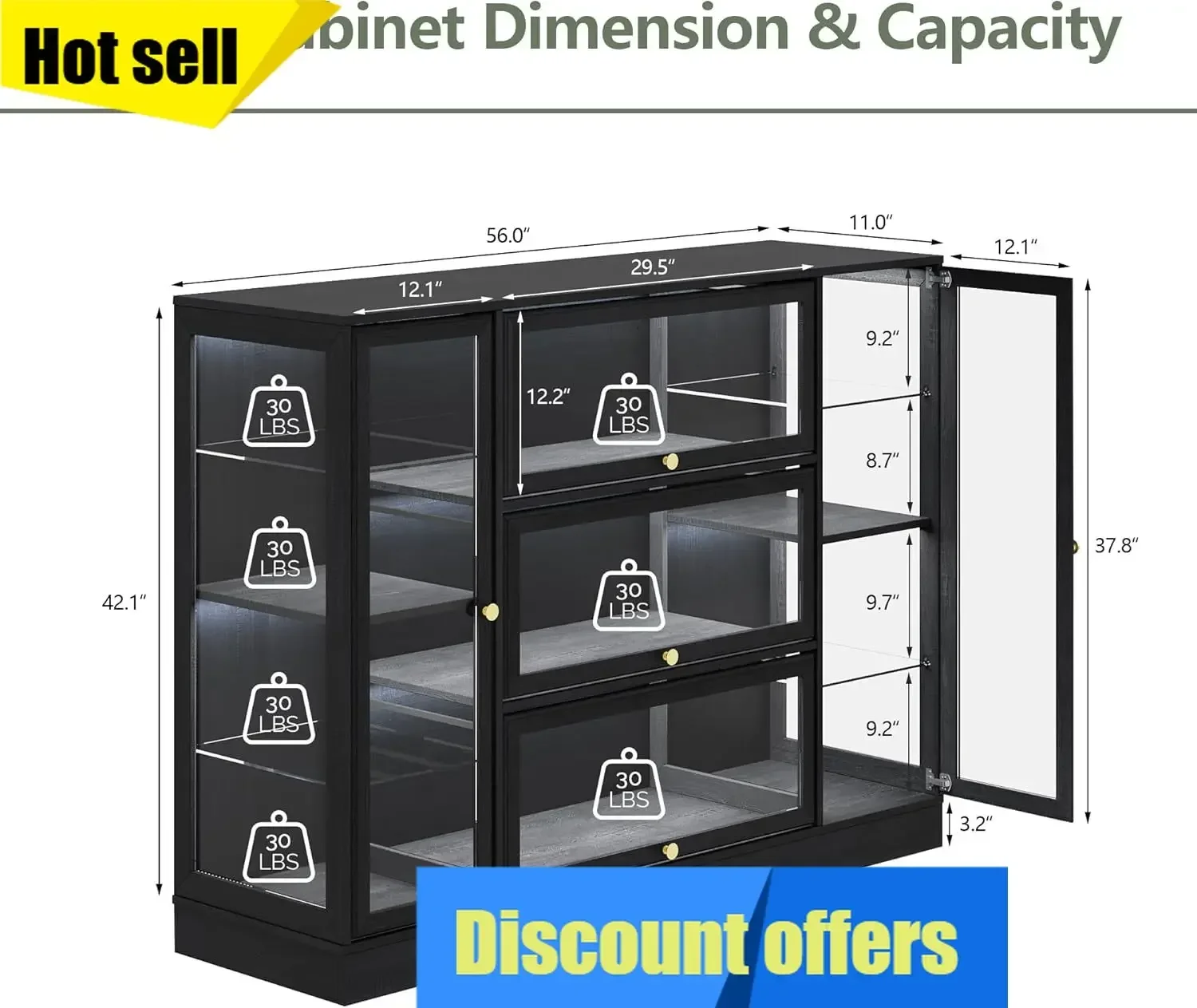 Extra Wide Display Cabinet With Led Lighting Acrylic Glass Doors Collectible Display Shelf Organizer Rack Case Black