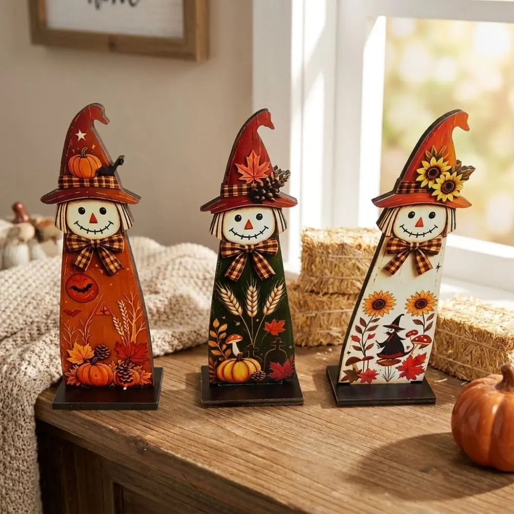 2D Flat Fall Scarecrow Wooden Sign Autumn Themed Plaid Bow Scarecrow Table Decor Vintage Stand-Base Halloween Figurine
