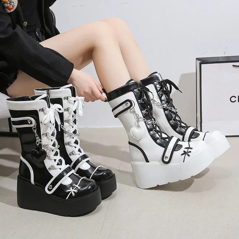 

8CM High Platform Ankle Boots for Womens Fashion Chain Punk Chunky Boots Non Slip Motorcycle Boots for Womans Botas Para Hombre