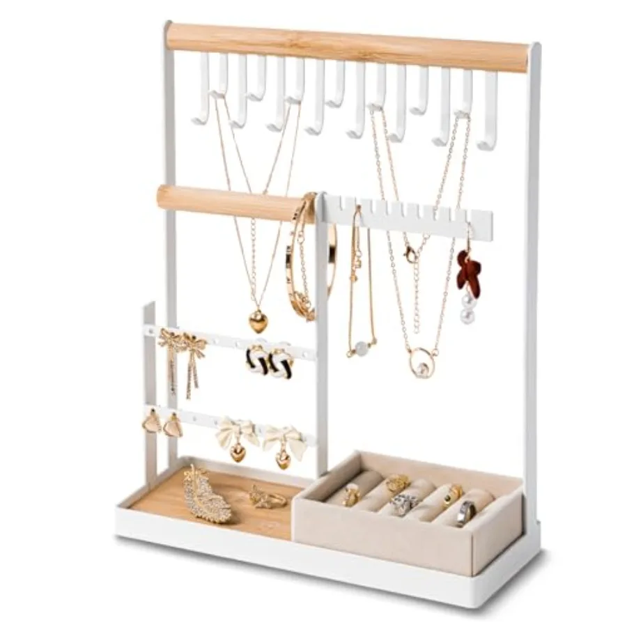 Jewelry Organizer Stand with Velvet Ring Holder, 4 Tier Jewelry Holder Organizer with 15 Hooks for Necklaces and 16 Holes for E
