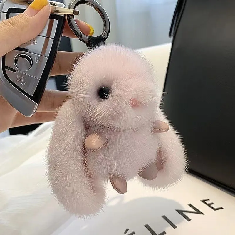 Mink plush Coelho fofo bonito Keychain, pompom de pelúcia, coelho, pingente para casal, chaveiro do carro, presentes de jóias