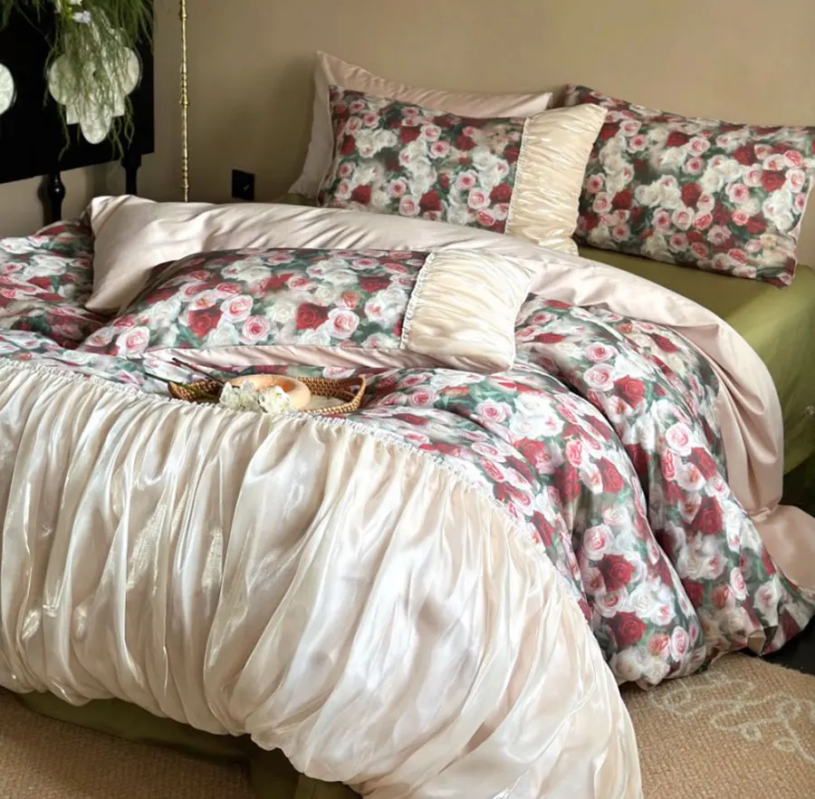 Vintage european green red flower bedding set,full queen king elegant retro floral home textile bed sheet pillowcase quilt cover