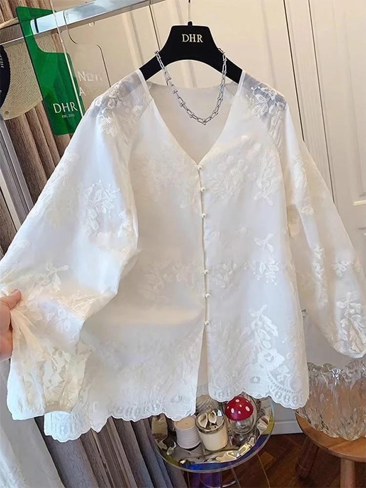 Ele White Lace Embroidery Long Sve irt Women's Summer Vintage Button V-Ne Sun Protection Cotton Blend Top