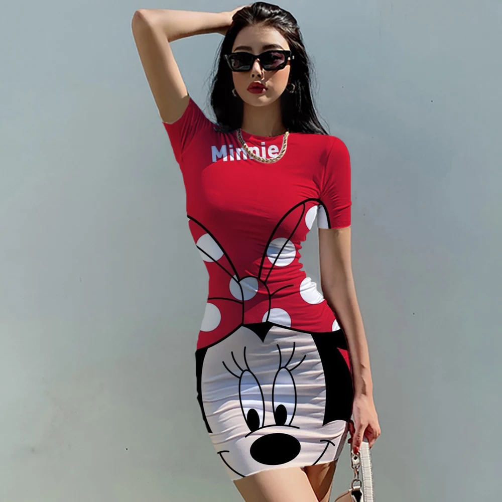 Disney Minnie O neck Short Sleeve Slim Package Hips Mini Short Dress 2022 Summer Autumn Women Sexy Bodycon Party Dress Vestidos