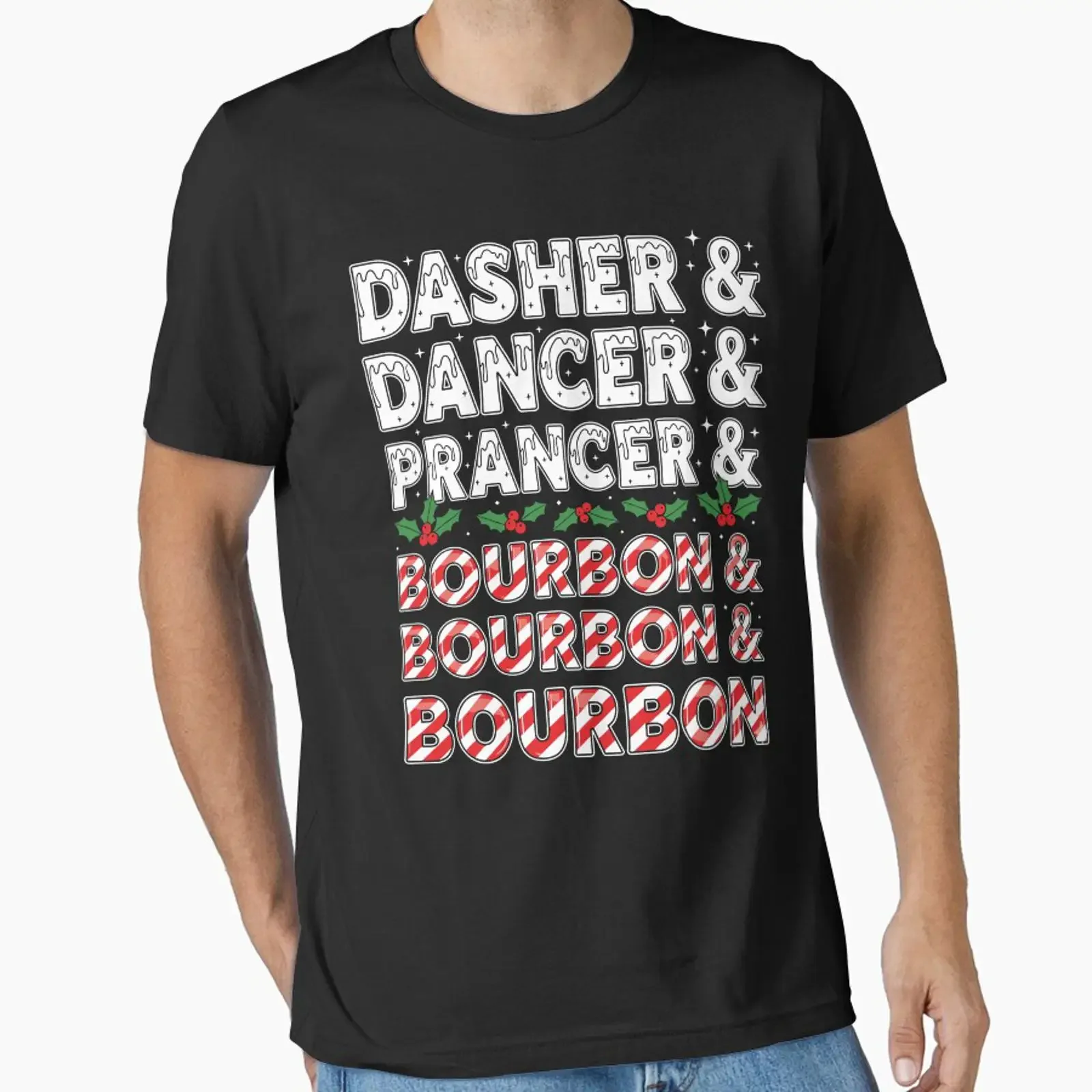 Dasher Dancer Prancer Bourbon Christmas Funny Holiday Essential T Shirt vintage Washed Unisex homme Stylish