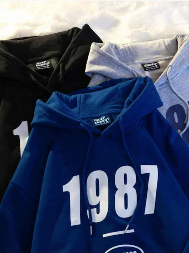 1987 Unisex Oversized Hoodie Minimalist Solid Color Pullover Women Streetwear Essentials Unisex Couple Hooded Sweatshirt​​