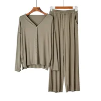 Japanese new style cotton pajamas suit ladies spring and autumn cardigan solid color long-sleeved trousers home service suit - Image 6