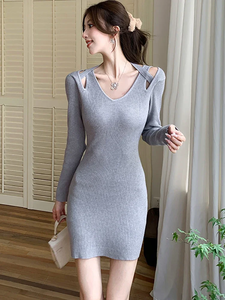 Autumn Winter Knitted Chic Neck-mounted Sexy Dress Women Long Sleeve Elegant Casual Mini Dress 2024 Korean Bodycon Party Dresses