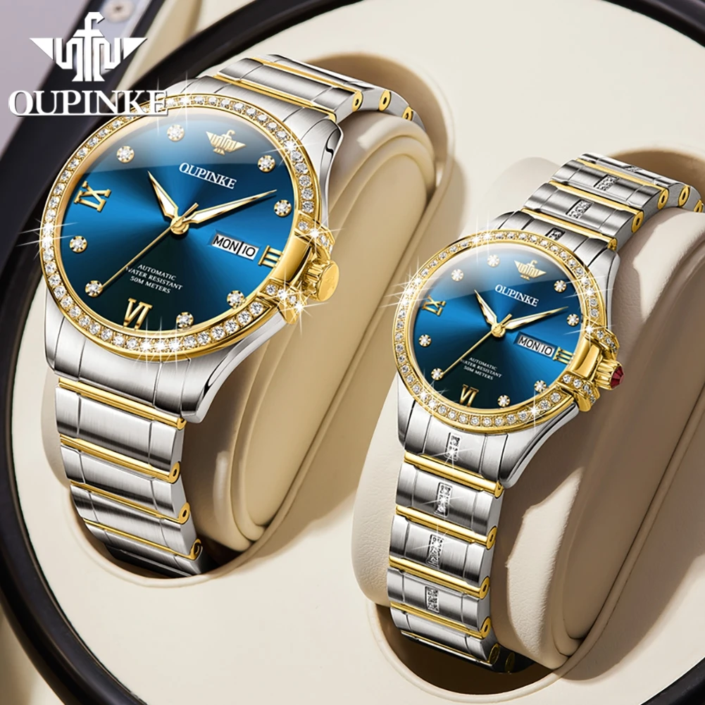 OUPINKE Couple Watches Fine Steel Luxury Fashion Top Brand Original Automatic Mechanical Wristwatch Sapphire Glass Date Week New