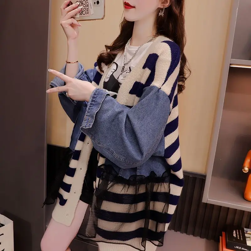 

#4034 Denim Batwing Sleeve Cardigan Coat Women Single Breasted Vintage Striped Knitwear Cardigan Sweater Coat Ladies Split Joint