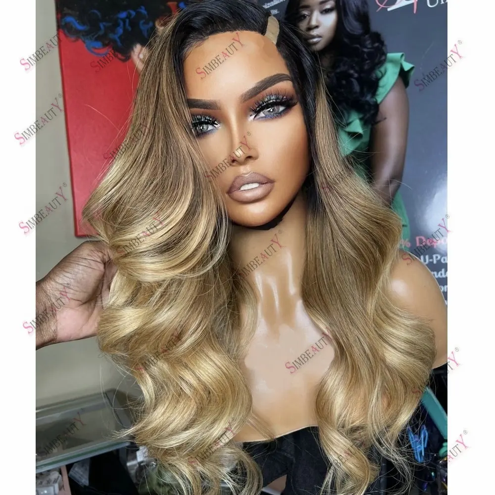 

Ombre LIght Ash Blonde Indian Human Hair V Part Wigs Adjustable Loose Wave Glueless 1*4 U Part Wig Full Machine Made for Women