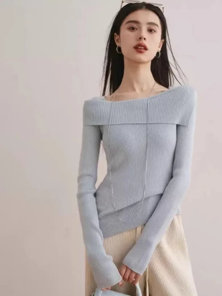 

One Neck French Knitted Sweater 2024 Spring And Autumn New Design, Off Shoulder Slimming Sweater