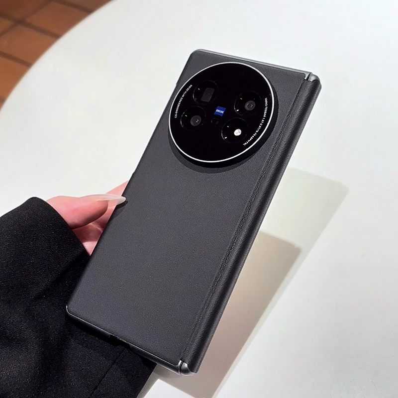 حافظة لهاتف Vivo X Fold 5 ذات محور مزدوج بلون سادة من الجلد العادي المفصلي المقاوم للصدمات غطاء هاتف محمول صلب