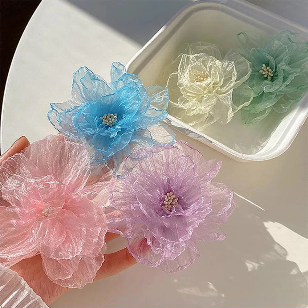 Super Fairy Organza Flower Women Hair Clips Bright Color Large Side Clips Bangs Clips Vacation Style Barrettes Hairpin Headwear