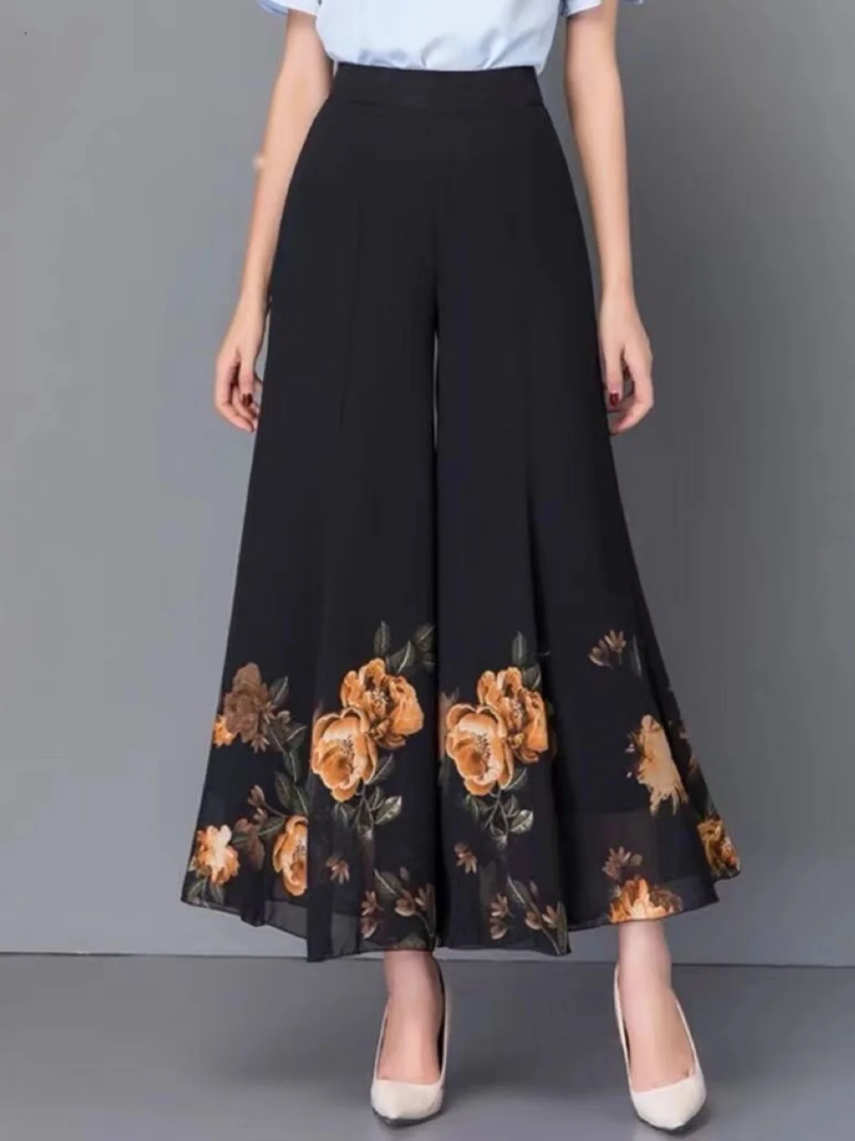 

Стильные повседневные шифоновые брюки-юбка с широкими штанинами для женщин, с принтом, летние, новые, универсальные, для мам, брюки-кюлоты, длинные брюки