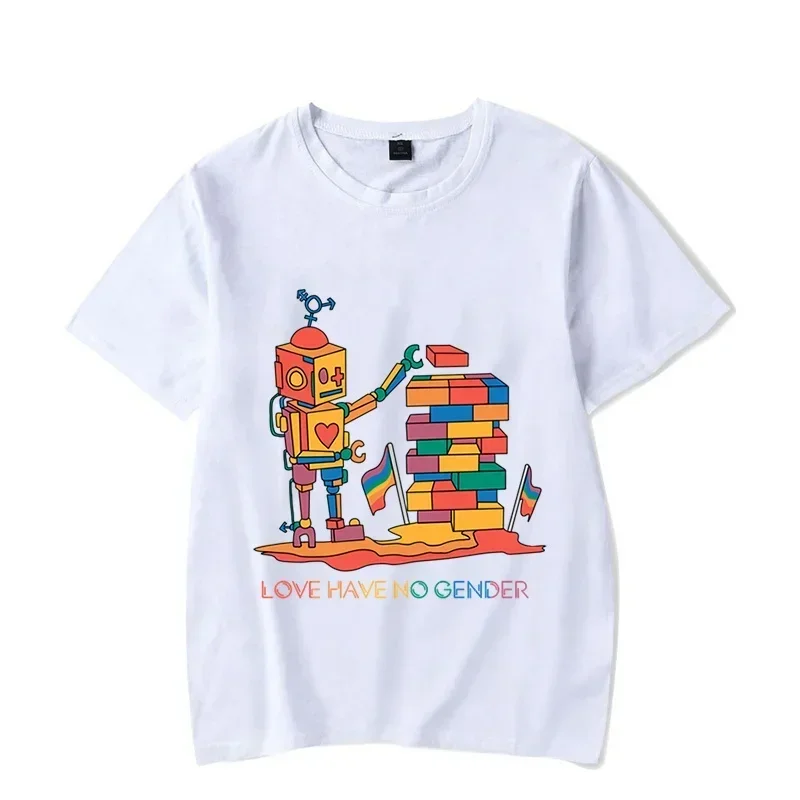 Love Have No Gender Print Tee Shirts Rainbow Robot Tops Y2k Pride Month Tee Shirt Lesbian Gay Queer cotton Oversized T Shirt