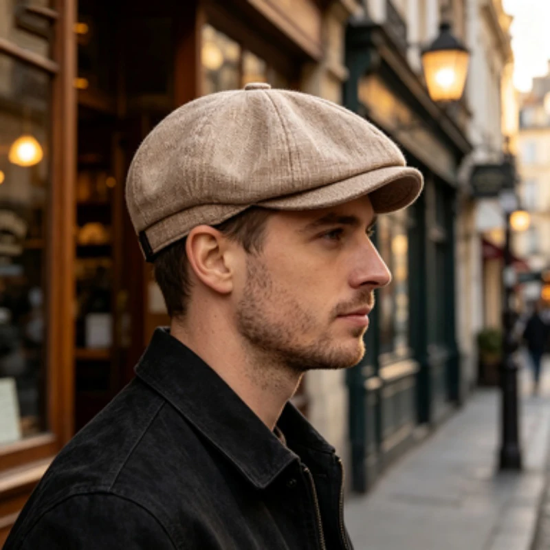 Vintage Linen Blend Newsboy Cap, Retro Gatsby Flat Ivy Hat, Adjustable Octagonal Beret for Men Women