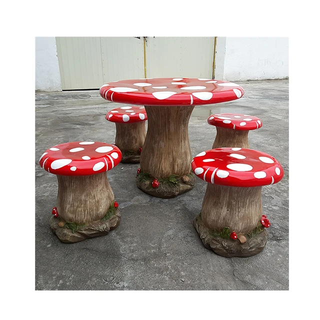 

Hot Sale Custom Outdoor Ornamental Landscape Sculpture Resin Fiberglass Mushroom Table And Chair Set For Garden Furniture