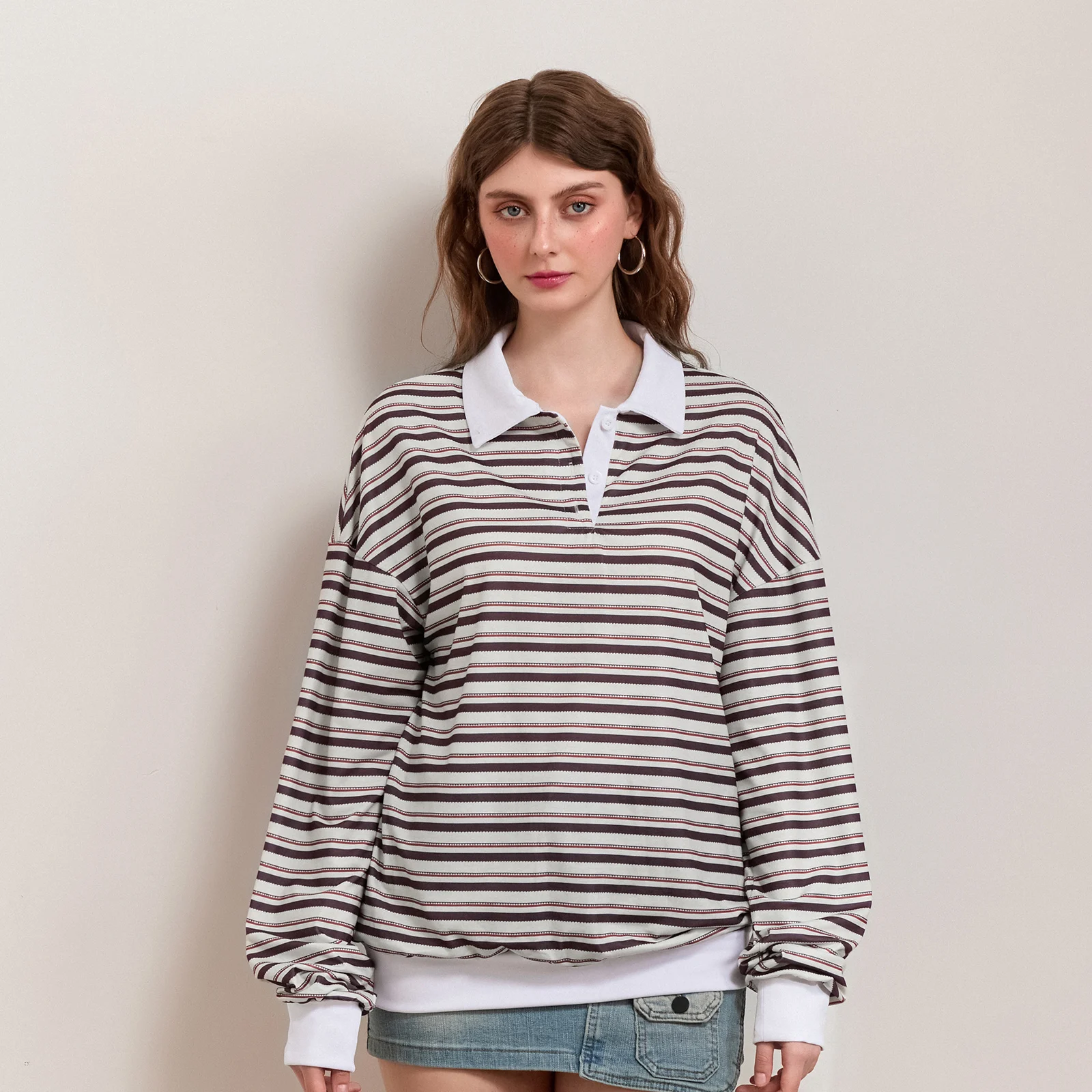 Autumn Striped Print Sweatshir for Women Long Sleeve Turn-down Collar Loose Pullover Casual Tops Streetwear