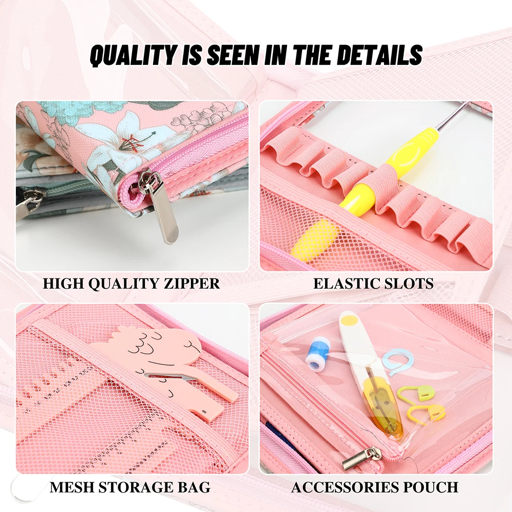 KOKNIT Waterproof Empty Crochet Hooks Bag Pink Color Crochet Needles Storage Bags for Sewing Accessories Kit Case Organizer Bag