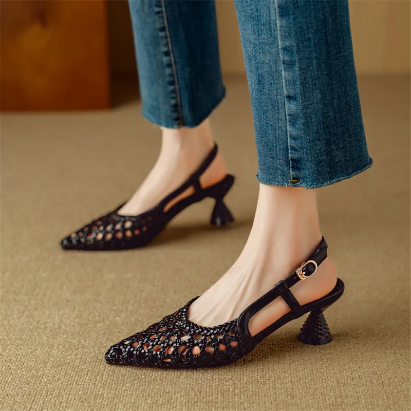 New Summer Sandals Cover Toe Shoes for Women Pointed Toe Shoes Fashionable Hollow Out High Heel Sandals Zapatos De Mujer Black