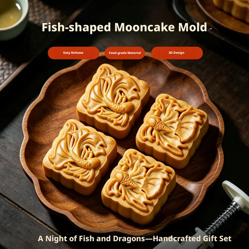 Fish Shape Mooncake Mold Hand Press Food Grade Pastry Mold for Green Bean Cakes Home Baking Tool