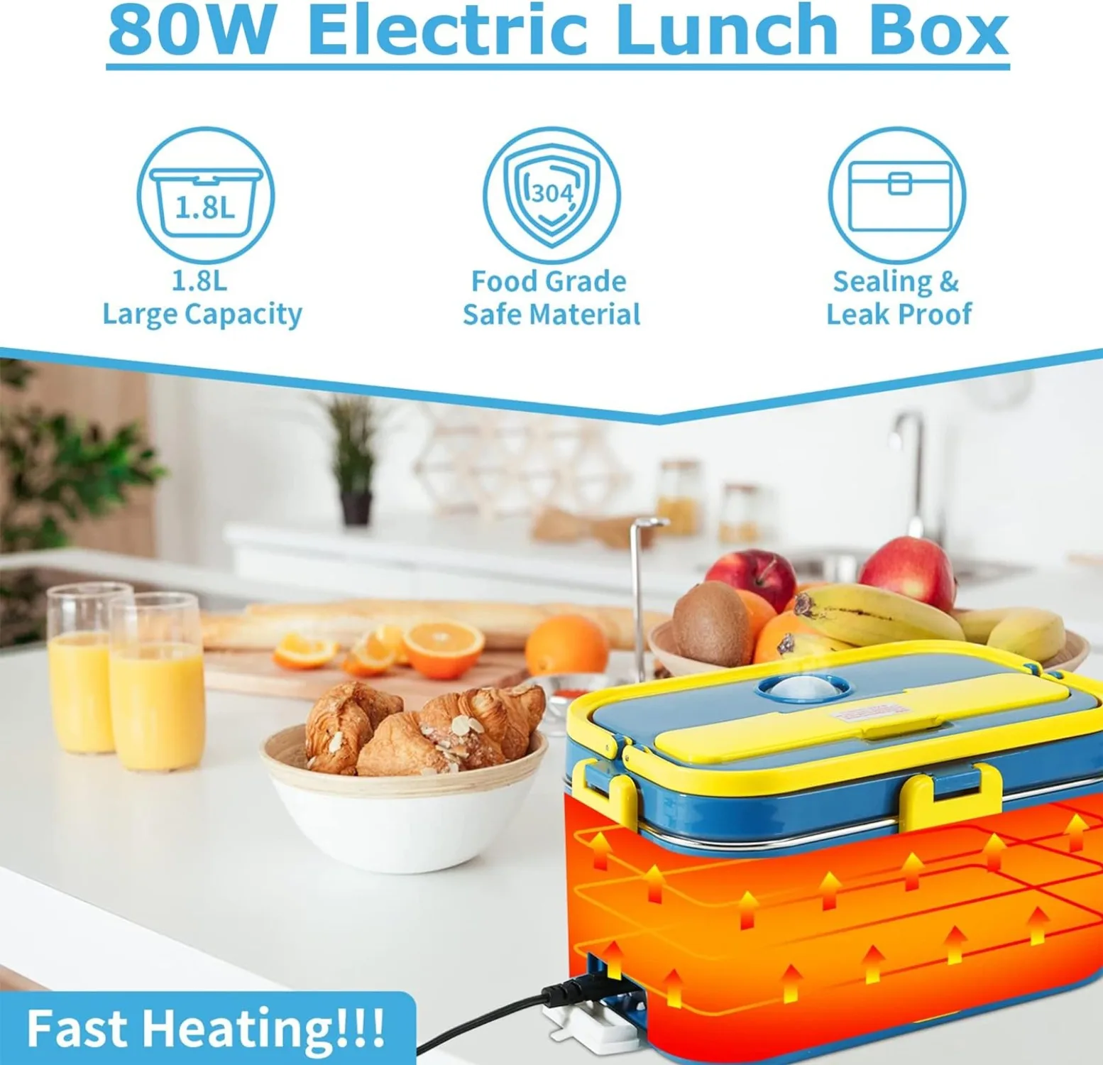 

Adult Heated Lunch Box 12V 24V 110V Electric Lunch Box Food Warmer for Car Truck Portable Food Warming Box with 1.8L