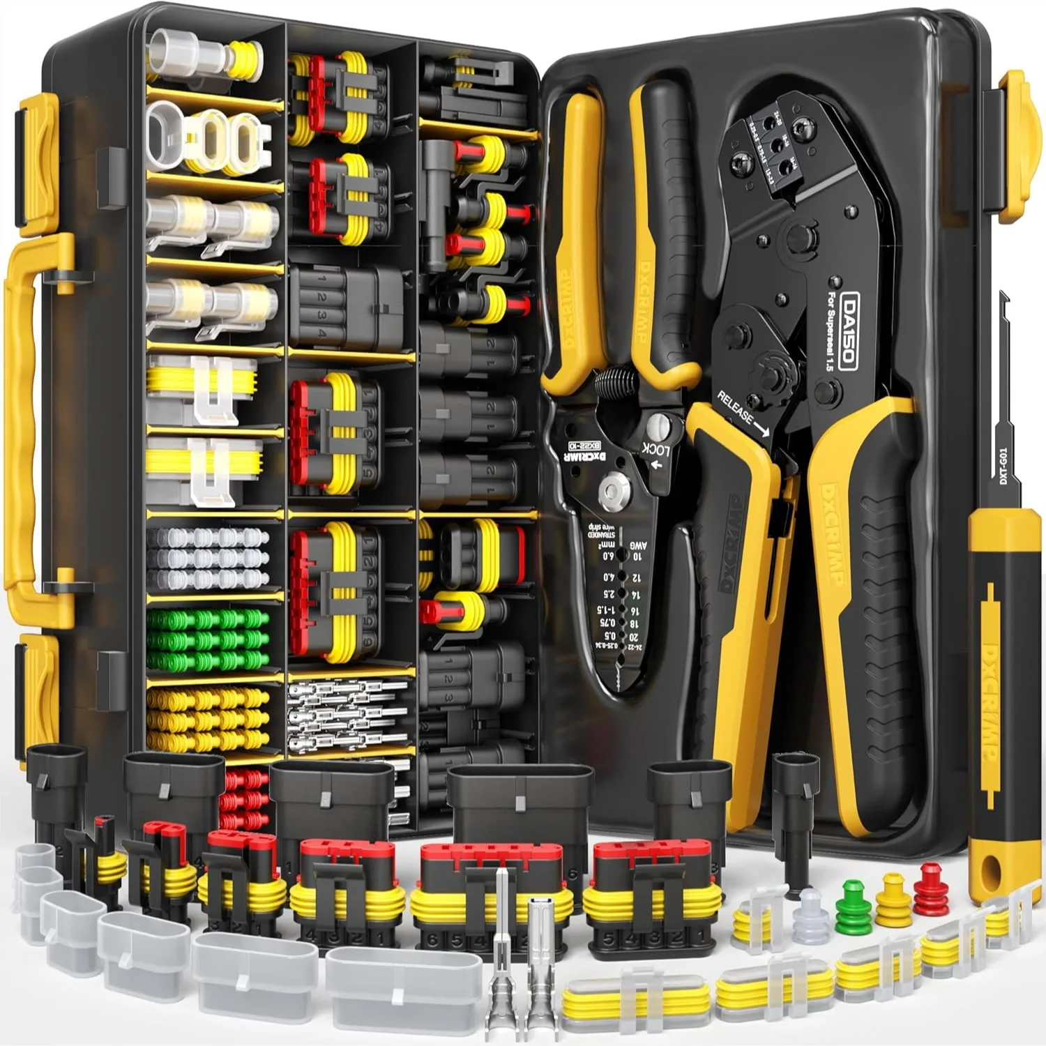 

Automotive Electrical Connectors & Crimping Tool Kit, 1-6 Pin 1.5 Series Waterproof Wire Plugs 24-14 AWG with Ratcheting
