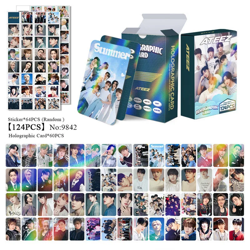 124pcs ATEEZ Laser Card Album Support Photo Card Sticker Double-sided Holographic Card Star LOMO Card Postcard Collector Card