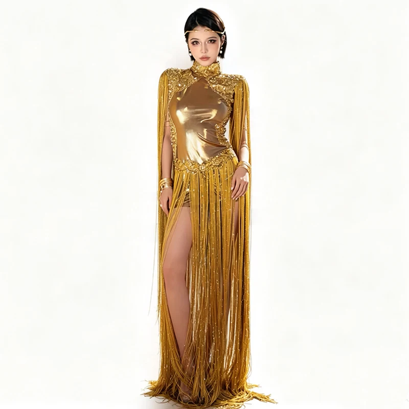 Glitter Fringe Gold Dress Women Show Stage Wear Model Singer Performance Outfit Gogo Party Rave Clothing Carnival Costume 5911