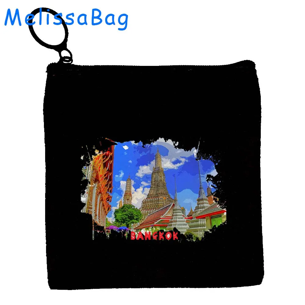 Bolso pequeño con cremallera para llaves, bolsa de lona con pintura de tinta de acuarela de Bangkok, Tailandia, Hanói, Vietnam, Havana, Cuba, regalo