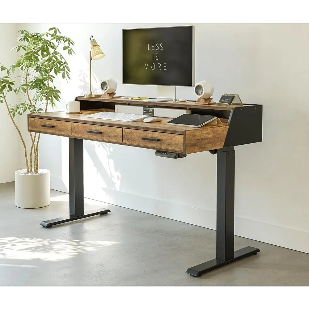 مكتب قائم كهربائي، طاولة قابلة للتعديل بارتفاع 48 × 24 بوصة، أثاث مكتب منزلي مريح مع مساحة تخزين علوية #1