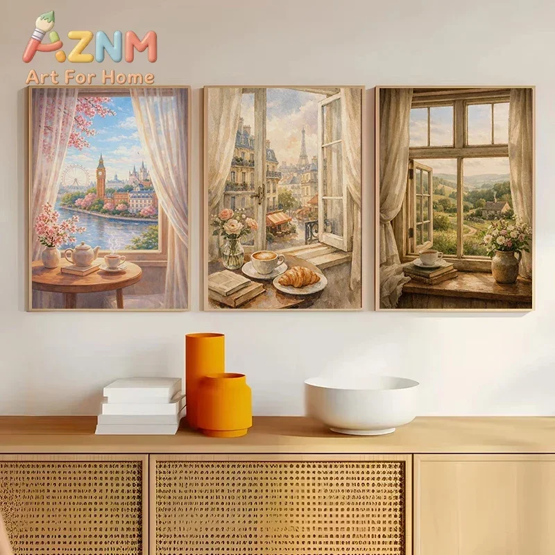 Paris Eiffel Tower Wall Art Poster Print Balcony Rose London Romantic Window View Canvas Painting for Living Room Home Decor