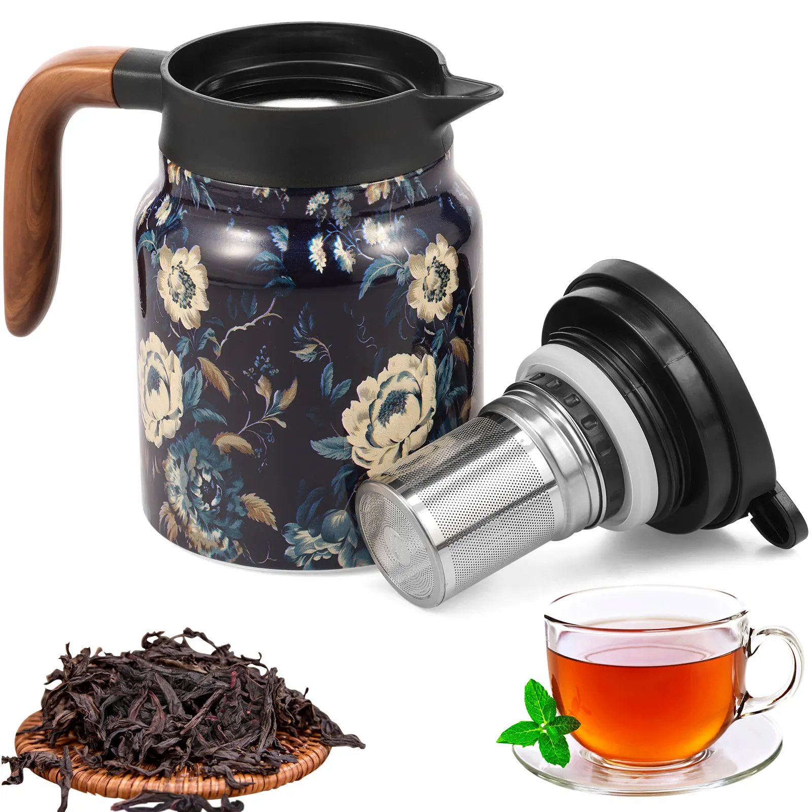Vintage Blumenmuster Teethermoskanne 1000ml Edelstahl Teekanne Tropfsichere Teekanne Mit Tee-Infuser Mini Thermo Kaffeekanne
