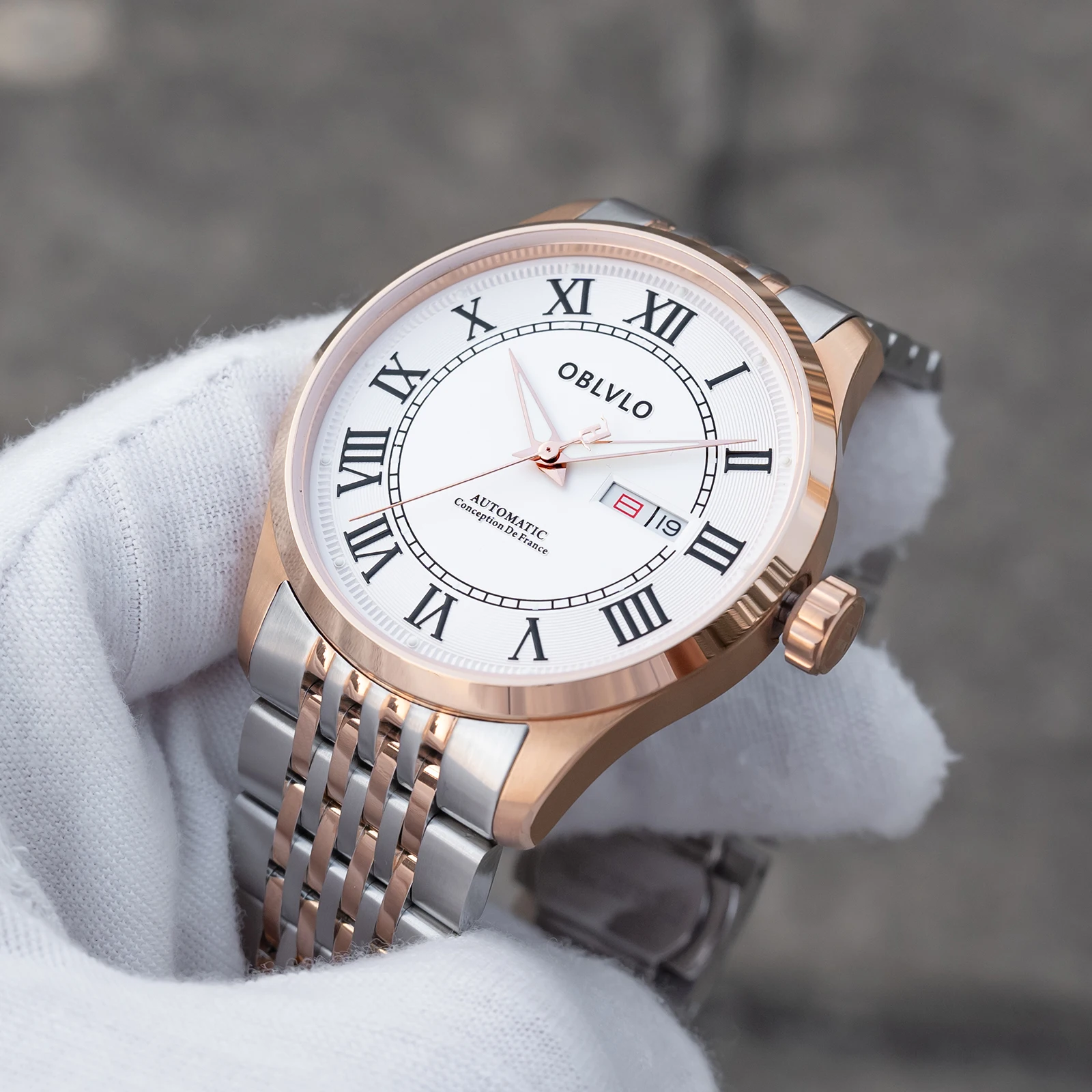 

OBLVLO Fashion Style Men's Two-Tone Mechanical Watch with Day Date Feature Bracelet Band Business Automatic Watches GC-SIM