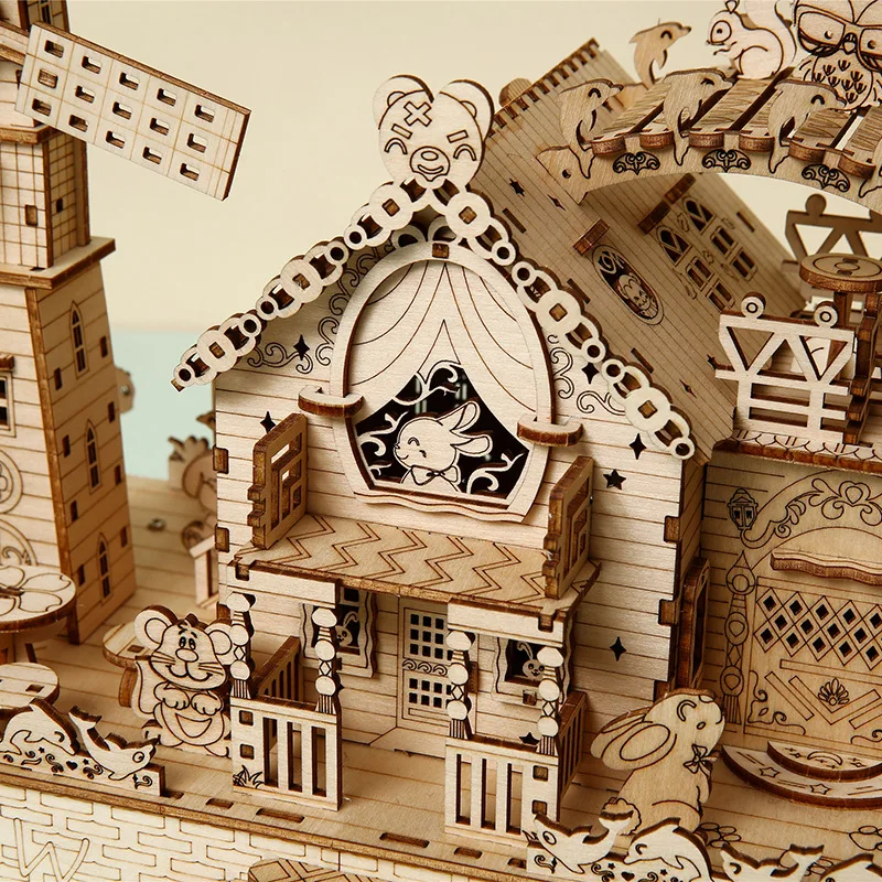 DIY 나무 풍차 동물 코티지 3D 퍼즐 소형 모델 키트 친구를위한 퍼즐 생일 선물