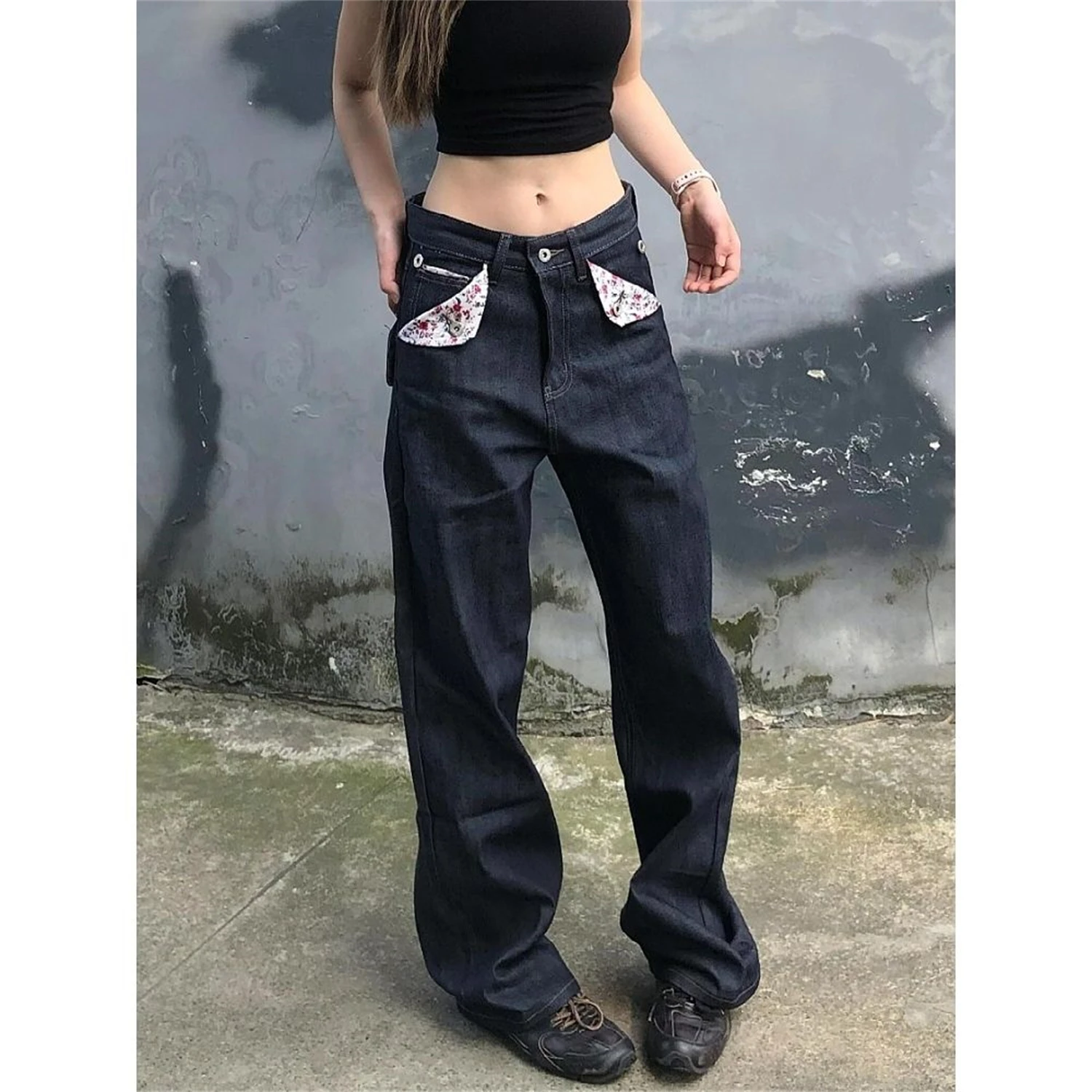 Women's High Waist Wide Leg Dark Blue Jeans Floral Print Pocket Back Buckle Detail Vintage Washed Y2K Streetwear Denim Trousers