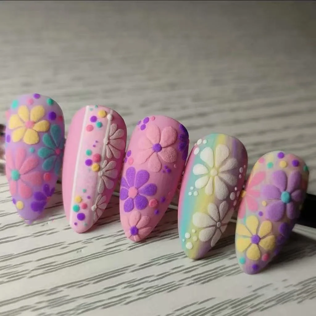 

24pcs Long Almond False Nails Art Colorful Flower Fake Nail Matte Design Stick on Nail Detachable Press on Nails Sweet Manicure