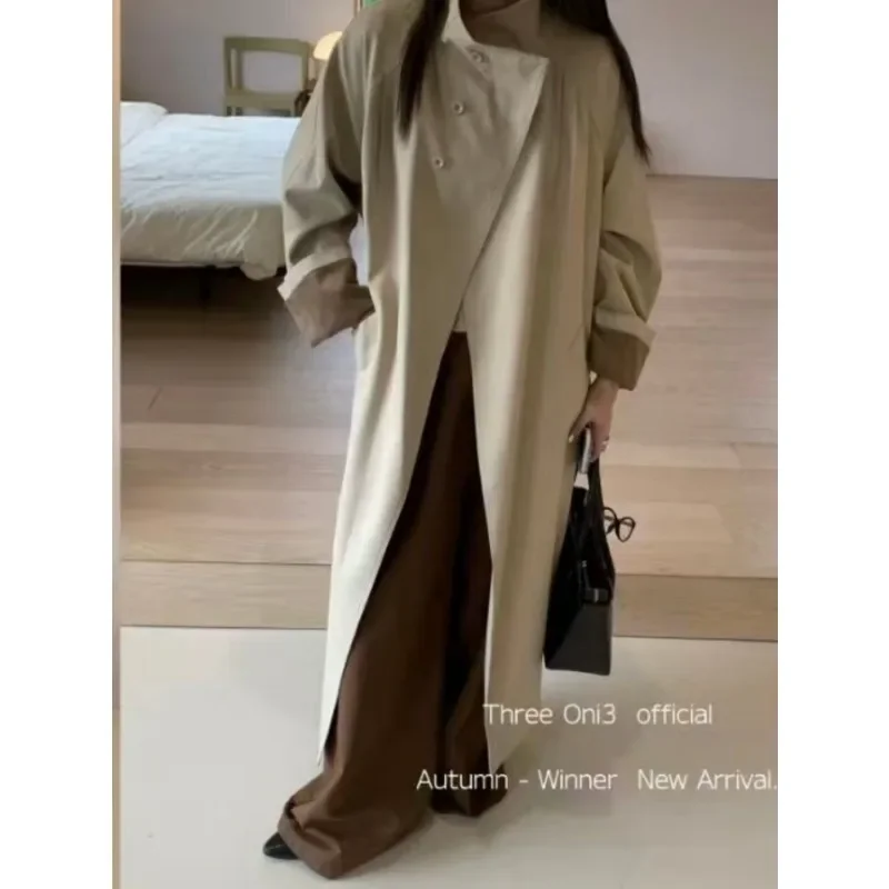 SuperAen 2024 Autumn New Korean Khaki Trench Coat Women's High-end Button-up Collar Long Coat