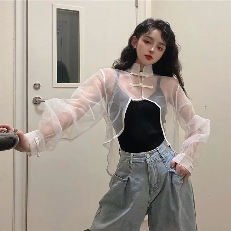 QWEEK Sexy Women Blouses Transparent Top Harajuku Crop White Black Shirt Long Sleeve Sweet Outerwear Chic Beautiful Ins Fashion