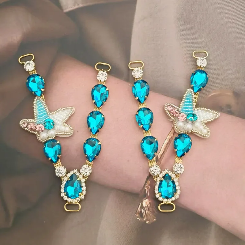 2pcs Starfish Shell Crystal Rhinestone Shoe Chain Buckle Bikini Flip Flops Connectors Metal Apparel Bags Cap DIY Garment Sewing