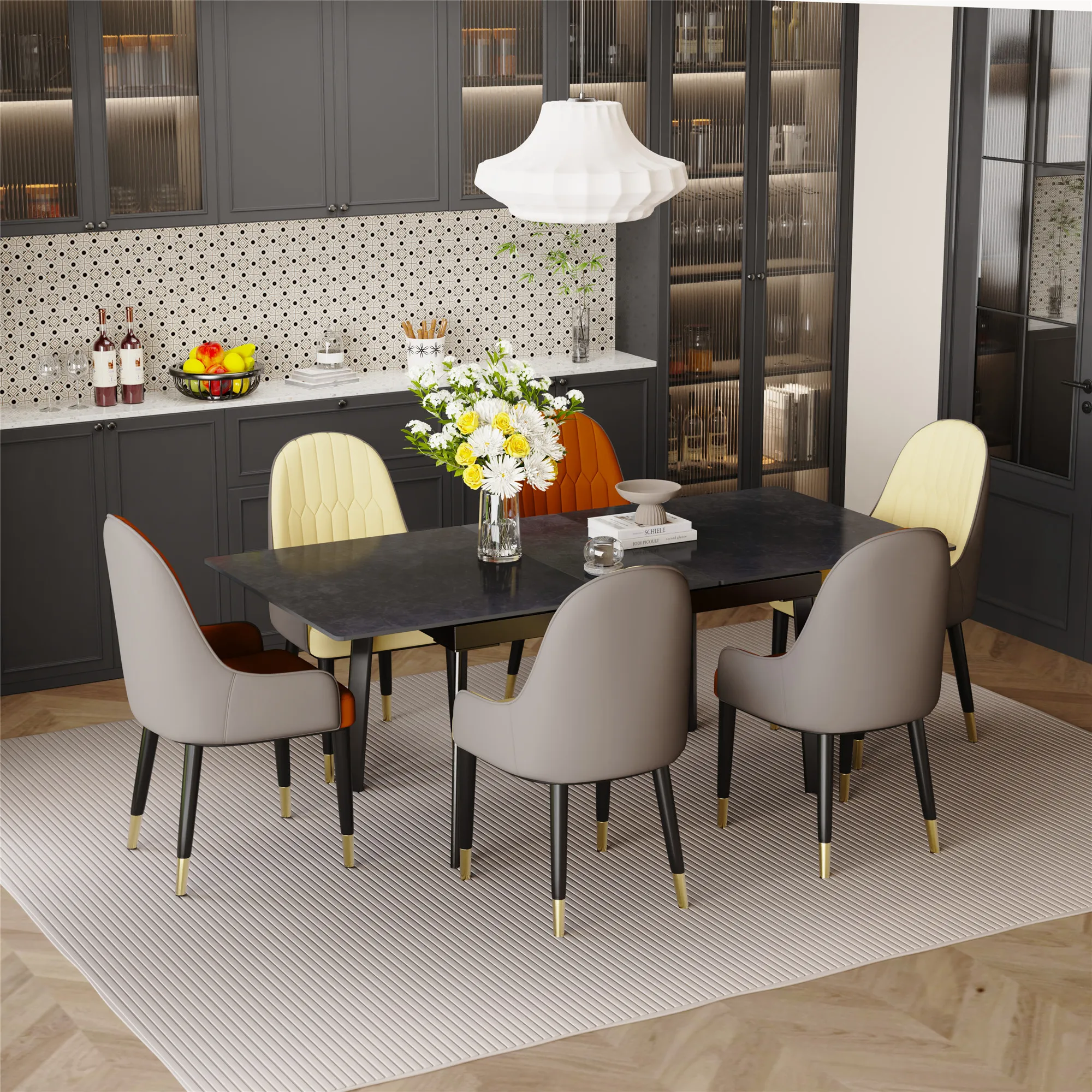 160cm 6-8 People Modern Dining Table Rectangular Kitchen Dining Table Space-Saving Expandable Dining Table Metal Frame