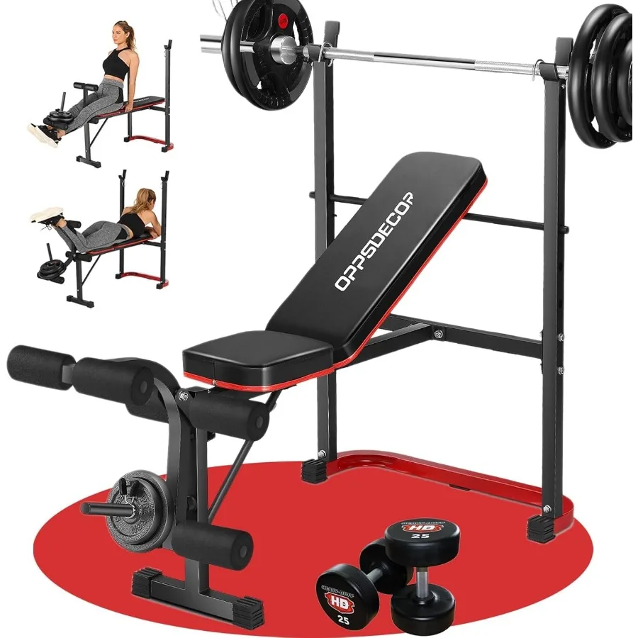 Conjunto de banco de peso padrão com extensão de perna e curvatura de perna 660 lbs conjunto de prensa de banco ajustável com almofada de curvatura preacher inclinação plana