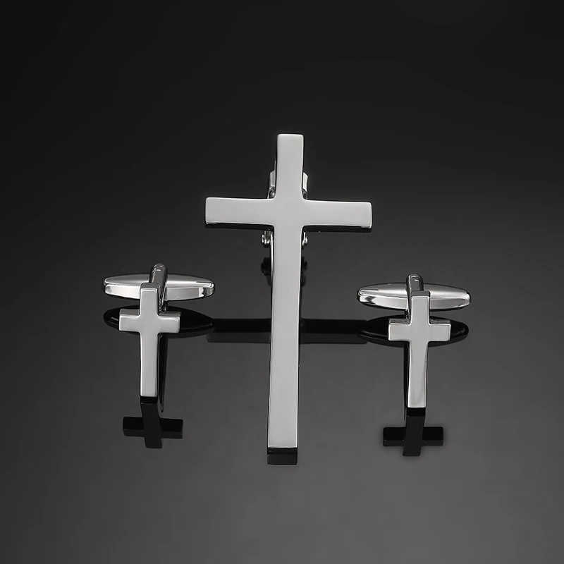 High quality Christian cross tie clip cufflinks for men\'s French shirt cuffs buttons, the best choice for gift giving