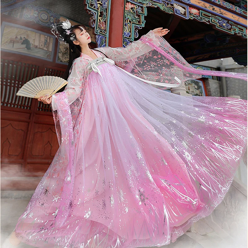 Hanfu Dress Women Fully Pleated Sequins Shimmering Gown Traditional Chinese Prom Birthday Gift Oriental Fairy Princess Skirt Y2k