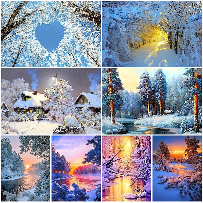 DIY Diamond Painting Snow Diamond Mosaic Landscape Sunset Embroidery Rhinestone Full Round Diamond Cross Stitch Home Gift