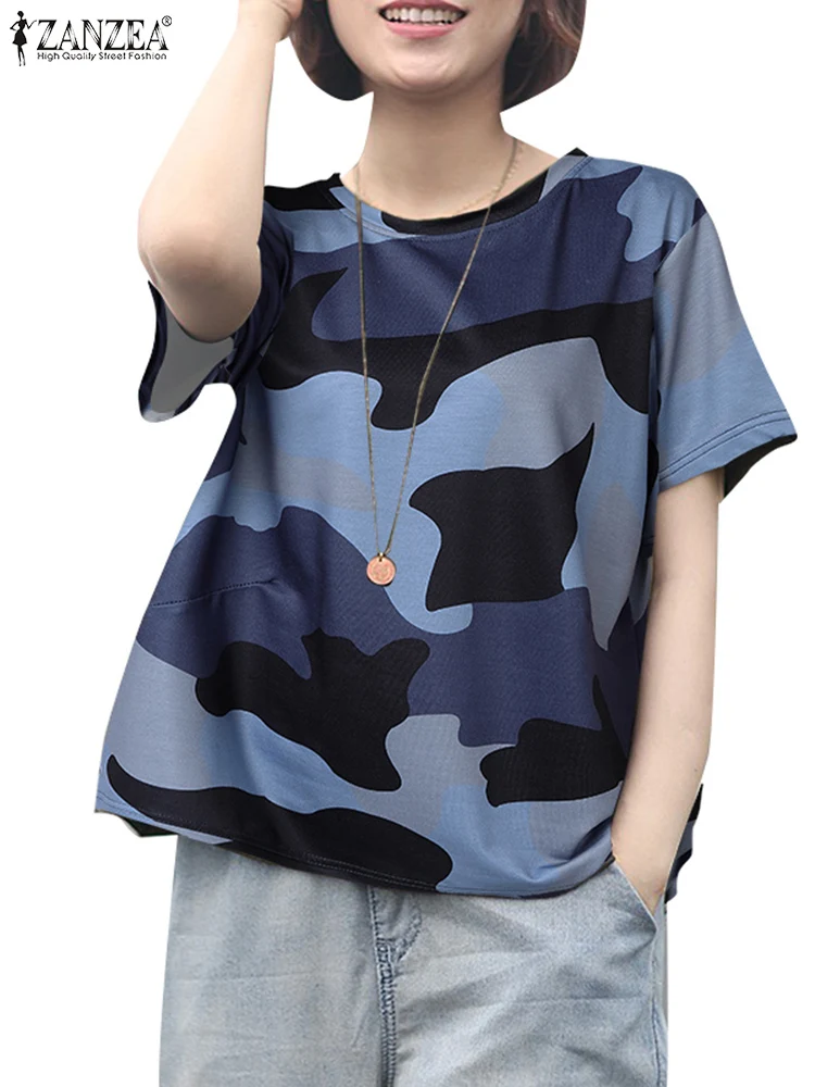 ZANZEA Summer Vintage Short Sleeve T-shirts Women Camouflage Blouse Female Loose Tees O Neck Casual Work Tops Oversize Chemise