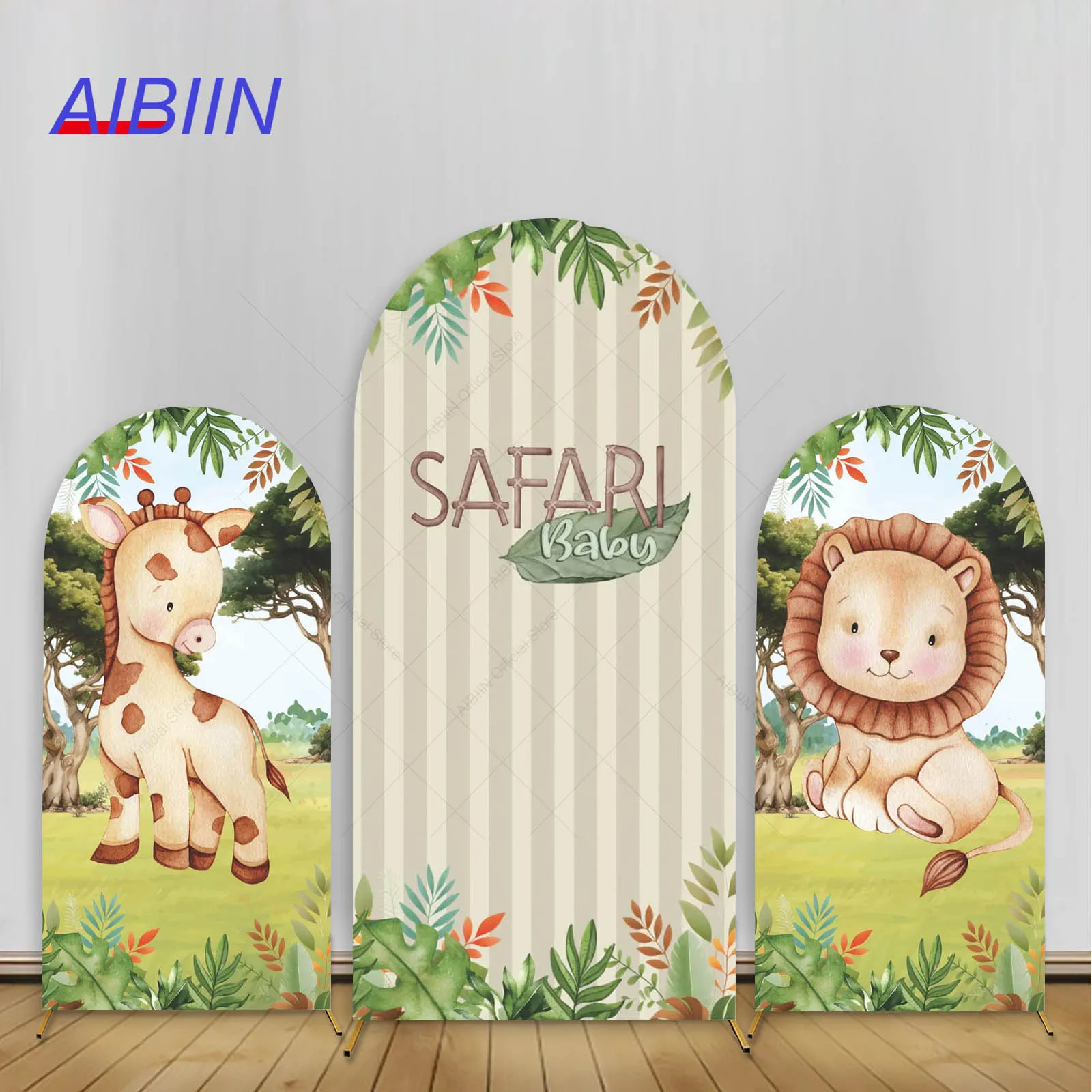 

Safari Baby Shower Arch Backdrop Cover Giraffe Lion Grey Stripe Leaves Boys Birth Party Decor Forest Jungle Animals Background