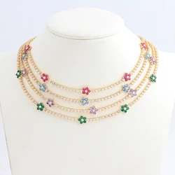 New Colorful Flower CZ Tennis Chain Necklace Brass Cubic Zircon Chain Fashion Jewelry Female Girlfriend Valentine's Day Gift