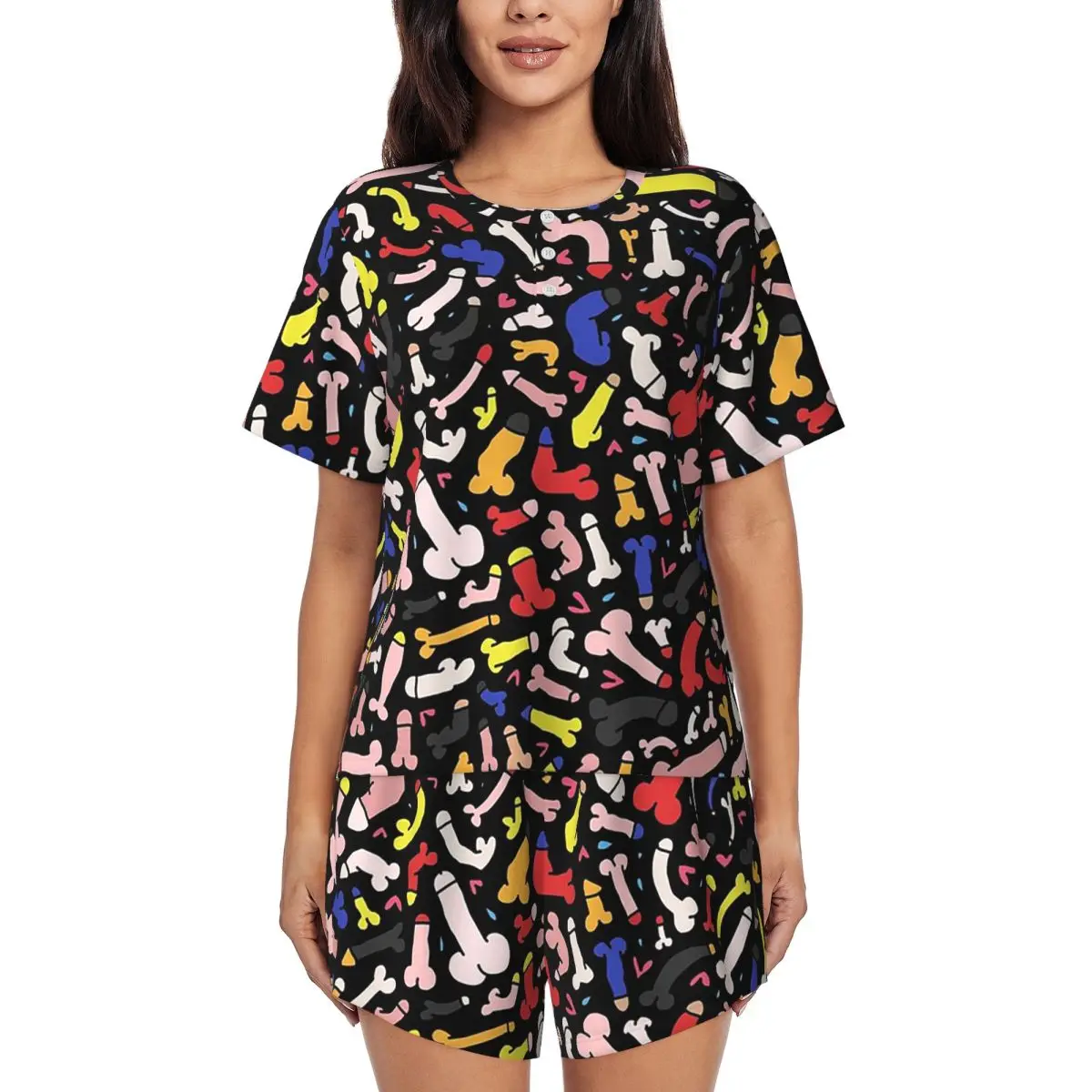 

Пижамный комплект для женщин: свободная ночная рубашка с круглым вырезом и короткими рукавами, шорты.